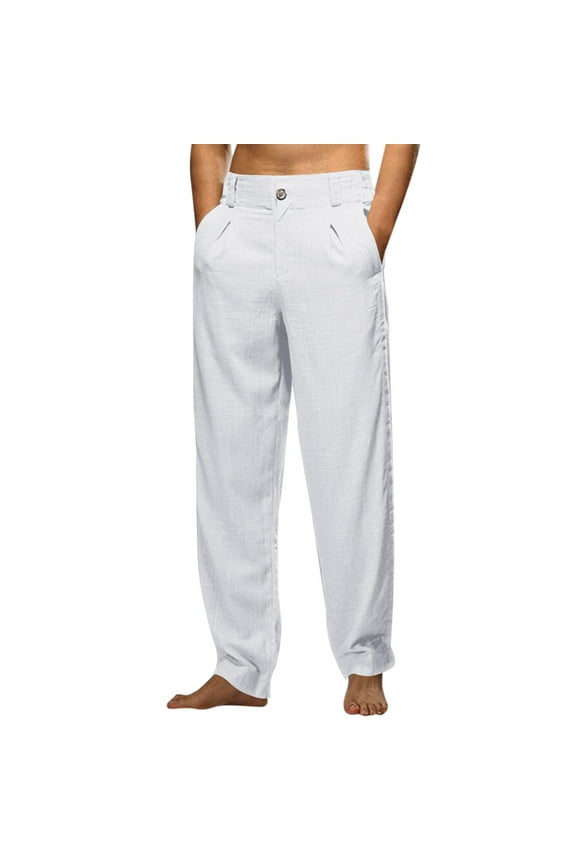 Men's Casual Pants Mens Fashion Casual Solid Color Try Breathable Linen Pocket Elastic Waist Large Size Pants Trousers White 3XL