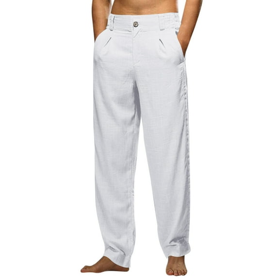 Men's Casual Pants Mens Fashion Casual Solid Color Try Breathable Linen Pocket Elastic Waist Large Size Pants Trousers White 3XL