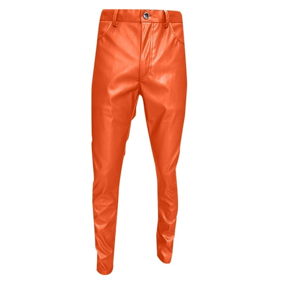 Men's Casual Pants Mens Slim Fit Leather Pants With Leggings And Elastic Trendy Motorcycle Leather Orange XL