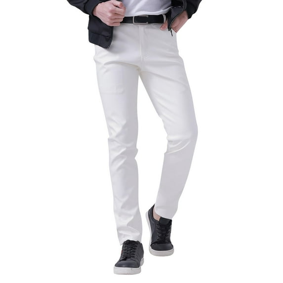Men's Casual Pants Mens Slim Fitting Leather Pants Leggings Color Elastic Trend Motorcycle Leather White L