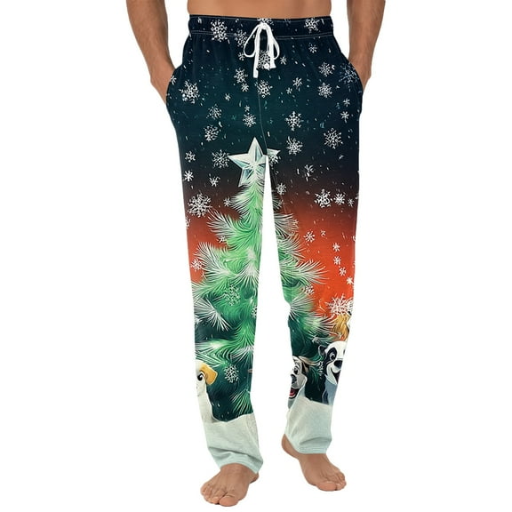 Men's Casual Pants, Plain Knit Solid Color with Christmas Print Pocket, Home Pajama Trousers for Holiday, Sleeping, Lounge Wear and Indoor Comfort,Navy,M