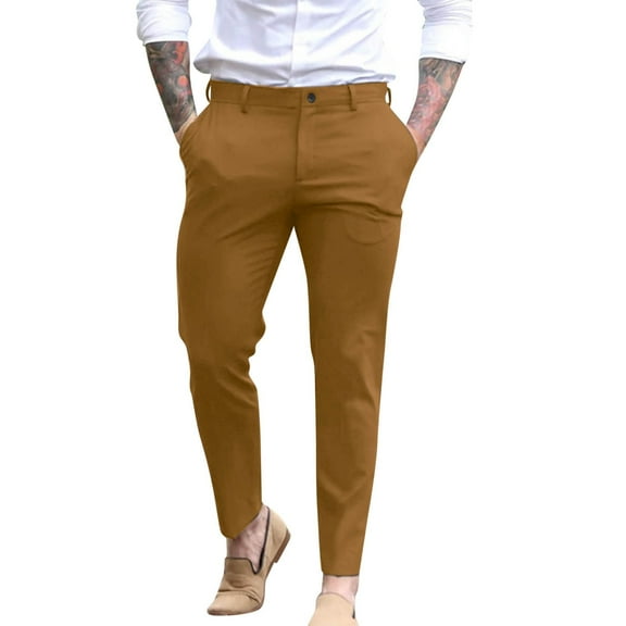 Men's Casual Pants Slim Fit Business Solid Color Trousers with Pockets Flat Front Stretchy Dressy Mens Dress Slacks Yellow L