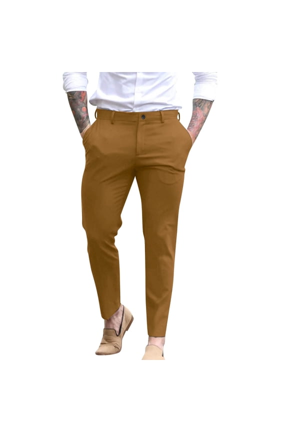 Men's Casual Pants Slim Fit Business Solid Color Trousers with Pockets Flat Front Stretchy Dressy Mens Dress Slacks Yellow L