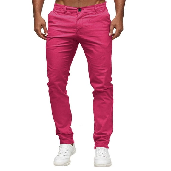 Men's Casual Pants Slim Waist Full Trousers Men's Casual Solid Mid Pocket Length Fashion Pant Pants Hot Pink XL