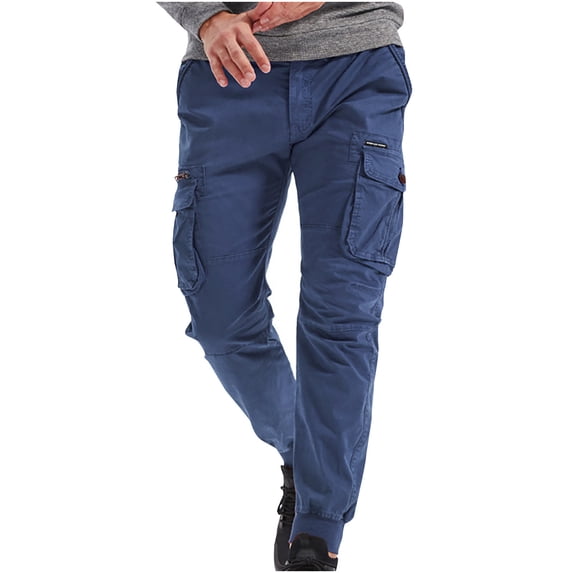 Men's Casual Pants Solid Casual Pocket Outdoor Elastic Waistbelt Jogger Drawstring Trousers Work Pants Sweatpants for Men Navy L