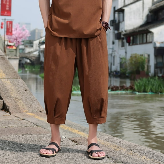 Men's Casual Pants Solid Color Cropped Pants Cotton And Linen Men's Cropped Pants Capri Leggings For Men Extra Soft Leggings Workout Pants Bell Bottom Pants