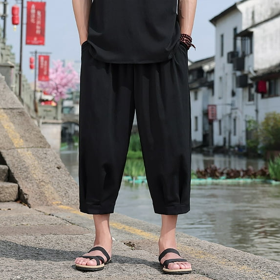 Men's Casual Pants Solid Color Cropped Pants Cotton And Linen Men's Cropped Pants Capri Leggings For Men Extra Soft Leggings Workout Pants Leggings Men High Waist