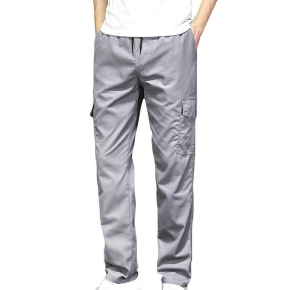 Men's Casual Pants Solid Color Lace-up Elastic Multi-pocket Sports Cargo Pants Full Length Pants Pantalones Para Hombre Gray 2XL