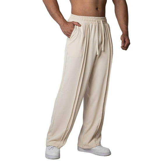 Men’s Casual Pants, Straight Leg Loose Fit Trousers with Elastic Waist Drawstring, Solid Color Breathable Sports Pants for Beach, Travel, Vacation, Party, Work and Daily Wear