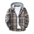 thumbnail image 1 of Men's Casual Patchwork Plaid Button Down Hooded Long Sleeve Shirt Top Polycotton Comfort Fit Shacket Jacket Office Streetwear Travel Outfits Essential Gift | JASKFLY,Gray L, 1 of 9