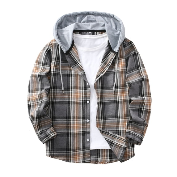 Men's Casual Patchwork Plaid Button Down Hooded Long Sleeve Shirt Top Polycotton Comfort Fit Shacket Jacket Office Streetwear Travel Outfits Essential Gift | JASKFLY,Gray L