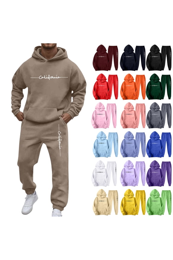 Men's Casual Personalized Printed Long-sleeved Hooded Sweatshirt and Sweatpants Two-piece Set, Fleece-Lined for Winter Sports and Casual Activities,Blue,M