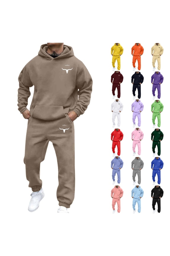 Men's Casual Personalized Printed Long-sleeved Hooded Sweatshirt and Sweatpants Two-piece Set, Fleece-Lined for Winter Sports and Casual Activities,Cyan,3XL