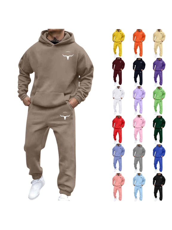 Men's Casual Personalized Printed Long-sleeved Hooded Sweatshirt and Sweatpants Two-piece Set, Fleece-Lined for Winter Sports and Casual Activities,Pink,M