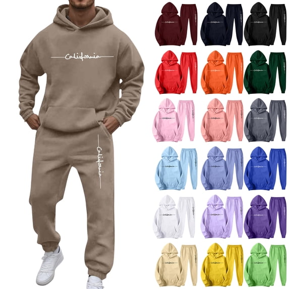 Men's Casual Personalized Printed Long-sleeved Hooded Sweatshirt and Sweatpants Two-piece Set, Fleece-Lined for Winter Sports and Casual Activities,Wine,L