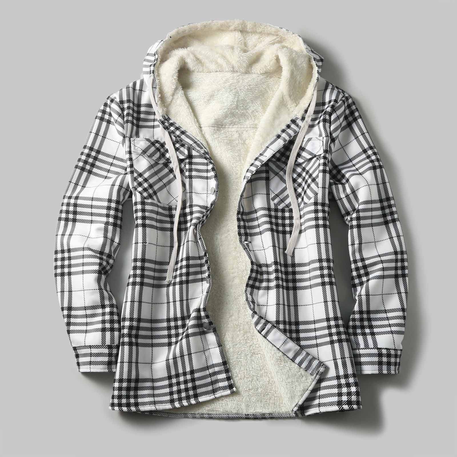 Men s Casual Plaid Fleece Jacket Fleece Lined Flannel Shirts Sherpa Jackets with Hood White Size XL