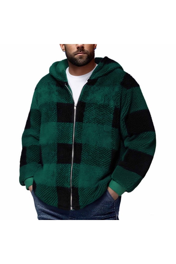 Men's Casual Plaid Fleece Jacket, Hooded Long Sleeve Outwear, Lattice Pattern with Zipper Pockets, Warm Comfortable Coat for Daily Wear, Stylish Modern Design, Ideal for Home, Work, or Travel