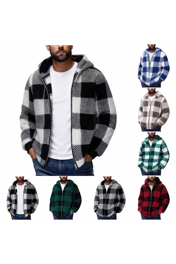 Men's Casual Plaid Fleece Jacket, Hooded Long Sleeve Outwear, Lattice Pattern with Zipper Pockets, Warm Comfortable Coat for Daily Wear, Stylish Modern Design, Ideal for Home, Work, or Travel