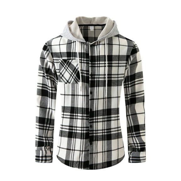 Men's Casual Plaid Jacket Button Up Hooded Shirts White Size 2XL