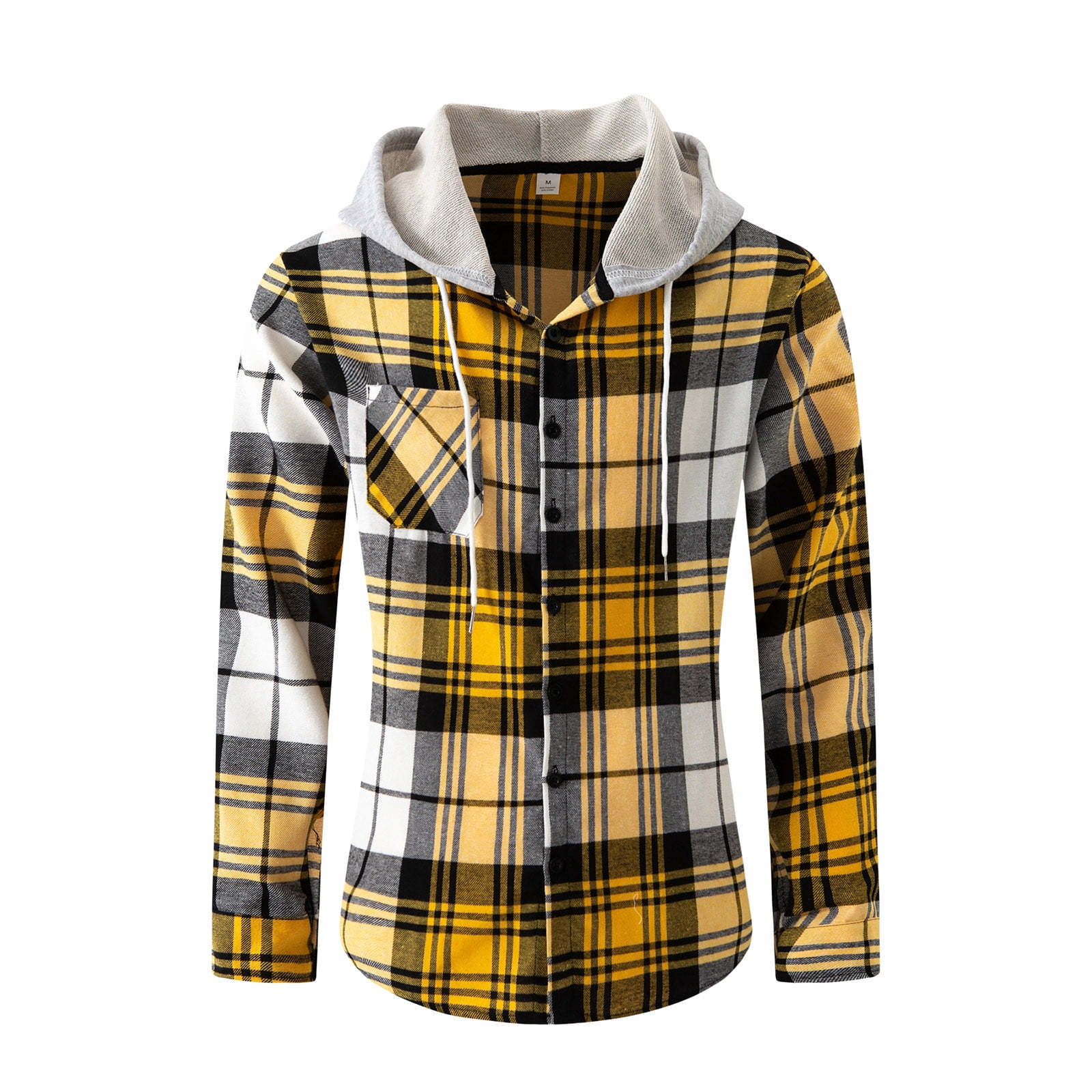 Men's Casual Plaid Jacket Button Up Hooded Shirts Yellow Size 2XL