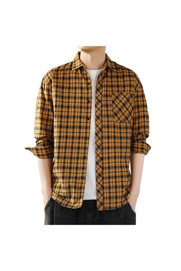 Plaid Shirts for Men Casual Plaid Long Sleeve Blouse with Pocket, Turndown Collar, Acrylic Material, Perfect for Daily Wear and Outdoor Activities
