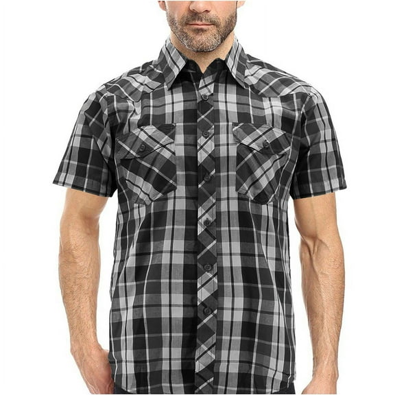 Men’s Casual Plaid Pockets Short Sleeve Collared Classic Button Down Shirt (Black, 2XL)