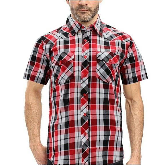 Men’s Casual Plaid Pockets Short Sleeve Collared Classic Button Down Shirt (Red, XL)