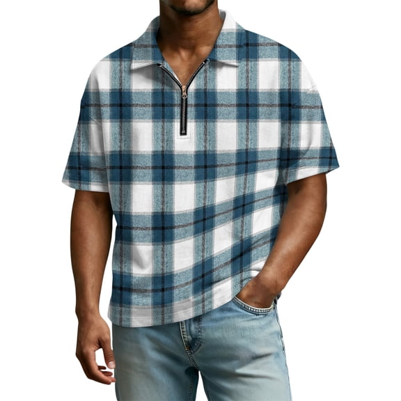 Men's Casual Plaid Print Collared Zipper Neck Short Sleeve Top, Fashionable Sport Shirt for Urban and Casual Look,Blue,S