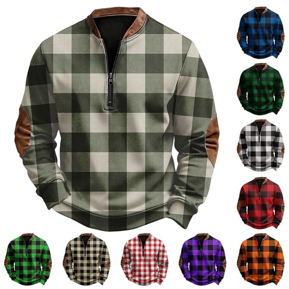 Men's Casual Plaid Print Quarter-Zip Pullover Sweatshirt, Retro American Style Checkered Crewneck Hoodie, Long Sleeve Spring Fall Casual Wear,Khaki,L