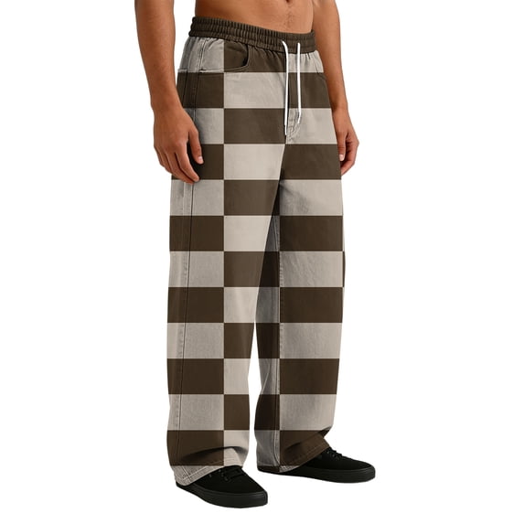 Men's Casual Plaid Print Stretch Waist Drawstring Straight Leg Pants Light Gray S