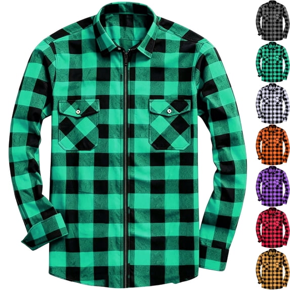 Men's Casual Plaid Shacket Zip Up Shirt Jacket Fall Overshirt Warm Flannel Coat with Chest Pockets for Daily Wear Travel Outerwear, Green, L