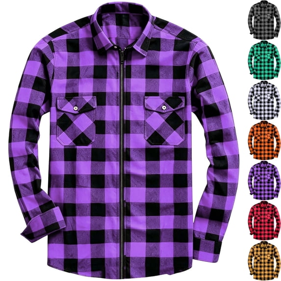 Men's Casual Plaid Shacket Zip Up Shirt Jacket Fall Overshirt Warm Flannel Coat with Chest Pockets for Daily Wear Travel Outerwear, Purple, XL