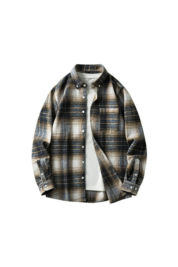 Men's Casual Plaid Shirt Button Down Long Sleeve Shacket with Pockets Loose Fit Cotton Overshirt Oversize
