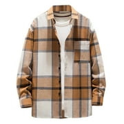 YZHM Men's Casual Plaid Shirt Jacket Loose Pocket Button-Up Fleece Coat Outwear