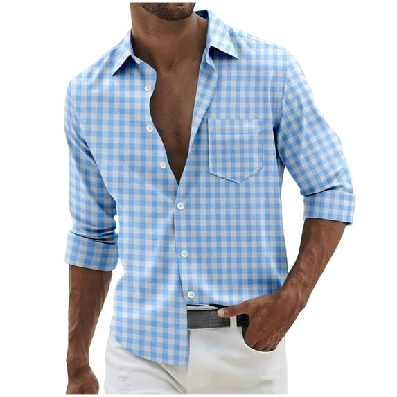 Men's Casual Plaid Shirt Long Sleeve Button Down Collared Blouse with Chest Pocket