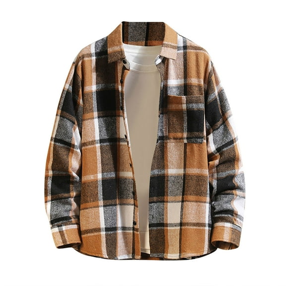 Men's Casual Plaid Shirt Plus Size Color Block Button Down Shirt Loose Fit Lapel Long Sleeve Shirt