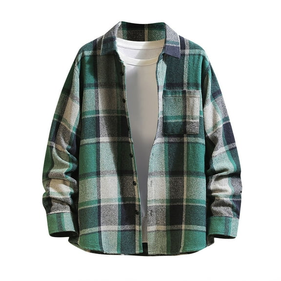 Men's Casual Plaid Shirt Plus Size Color Block Button Down Shirt Loose Fit Lapel Long Sleeve Shirt