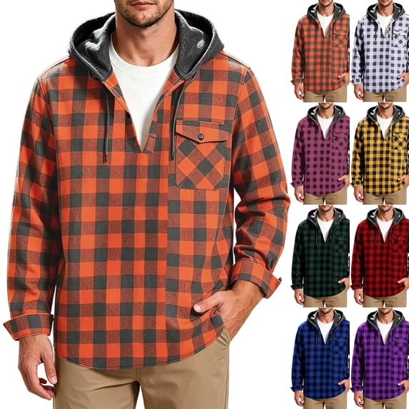 Men's Casual Plaid Shirts,Button Long Sleeve Hooded Pullover Top with Drawstring and Chest Pocket,Weekend Outing