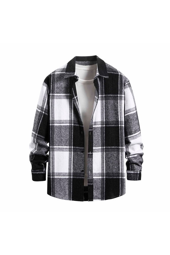 Men's Casual Plaid Turn-down Collar Long Sleeve Shirt Button Down Loose Blouse Coat