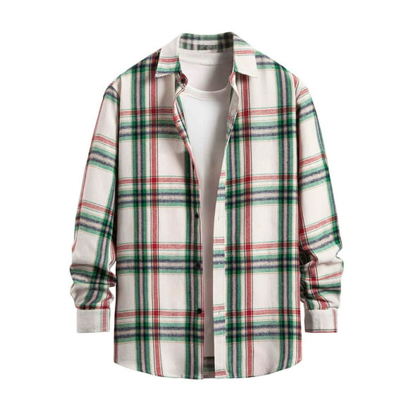 Men's Casual Plaid Turn-down Collar Long Sleeve Shirt Button Down Loose Blouse Coat