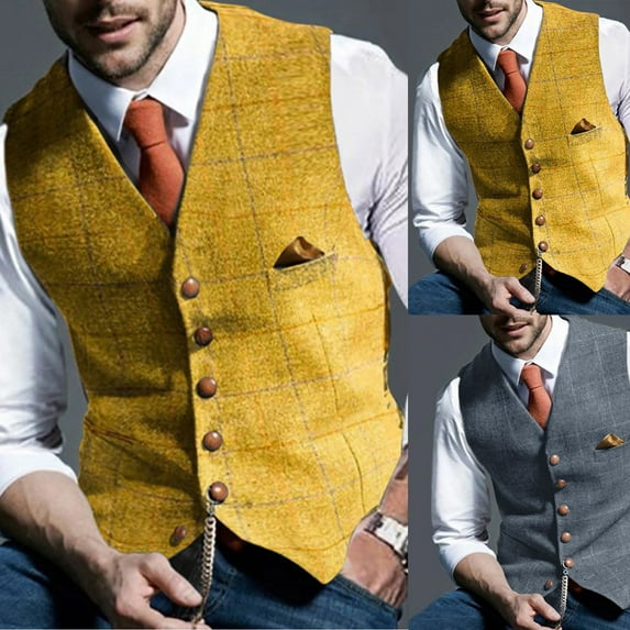 Men's Casual Plaid Vest with Slim Fit - Vintage Wool Herringbone Retro Satin Jacket for Formal Wear, Parties, and Special Occasions,Gray,L