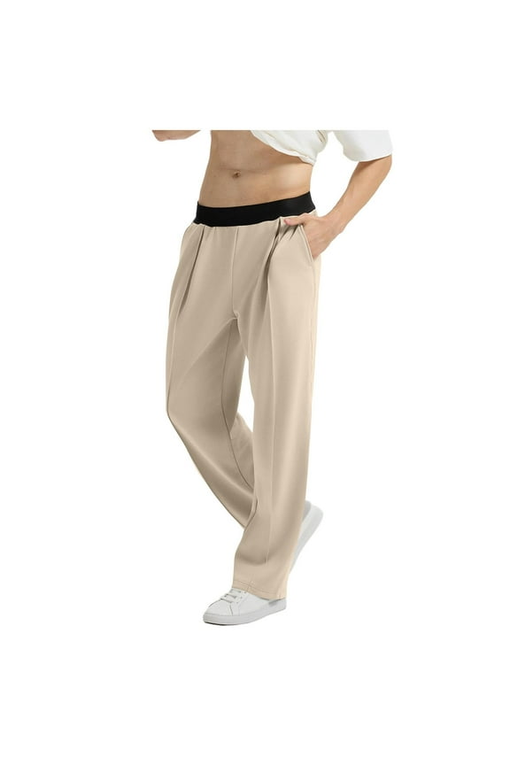 Men's Casual Pleated Slacks Pants Loose Fit Elastic Waist Straight Leg Pants Baggy Fashion Yoga Trouser with Pockets (S, Khaki)