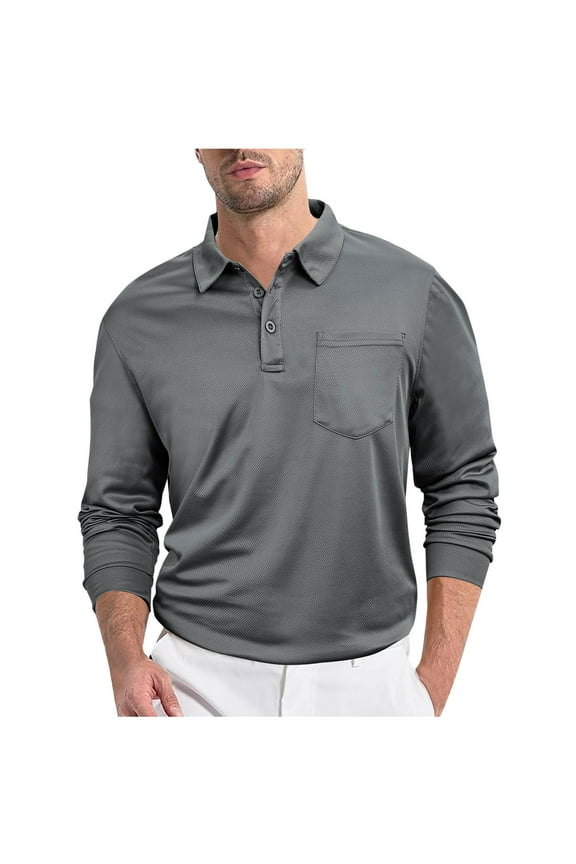 Men's Casual Polo Shirts 3 Button Quick Dry Pullover Solid Color Long Sleeve Blouse for Work Fishing Outdoor