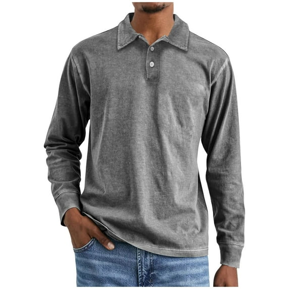Men's Casual Polo Shirts Big & Tall Button Basic Long Sleeve Collared Shirt Plain Comfy Cotton Tees Stylish Tops
