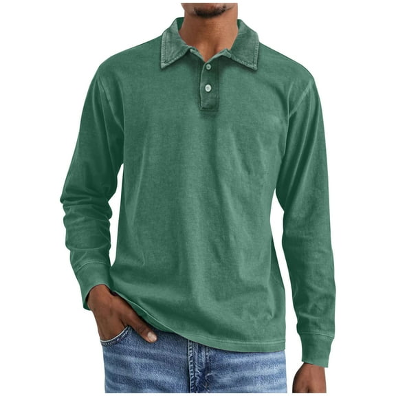 Men's Casual Polo Shirts Big & Tall Button Basic Long Sleeve Collared Shirt Plain Comfy Cotton Tees Stylish Tops