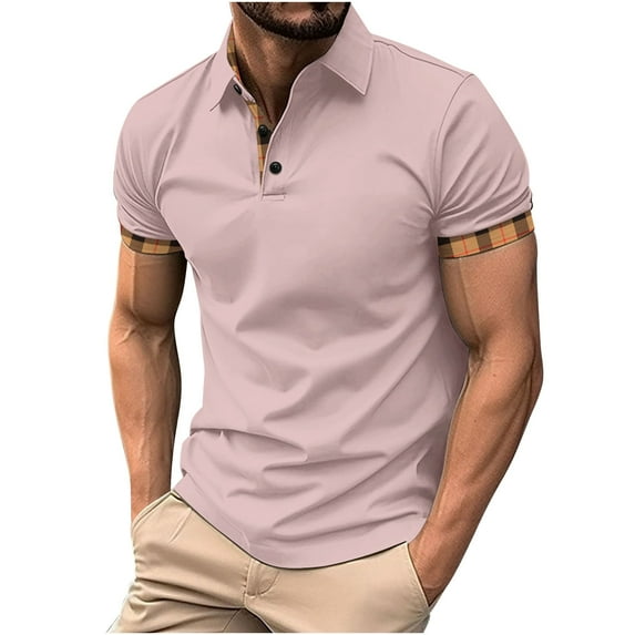 Men's Casual Polo Shirts Classic Button Basic Short Sleeve Fashion Golf Collared Shirt Pink L