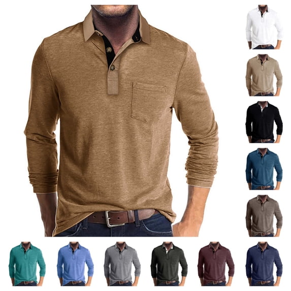 Men's Casual Polo Shirts Classic Button-up Basic Long Sleeve Comfort Shirt Solid Color Cotton Tees Stylish Tops Khaki XXL