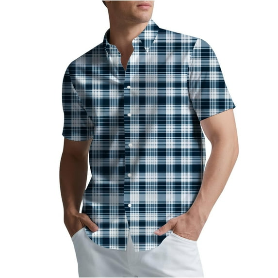 Men's Casual Polo Shirts Short Sleeve Golf Shirts Plaid Printed Button-up Athletic Workout Shirts