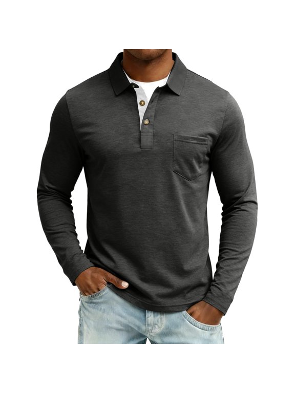 Men's Casual Polo Shirts with Pocket Basic Long Sleeve Business Work Collared Shirts Spring Summer Tees Top Shirt Dark Gray 3XL