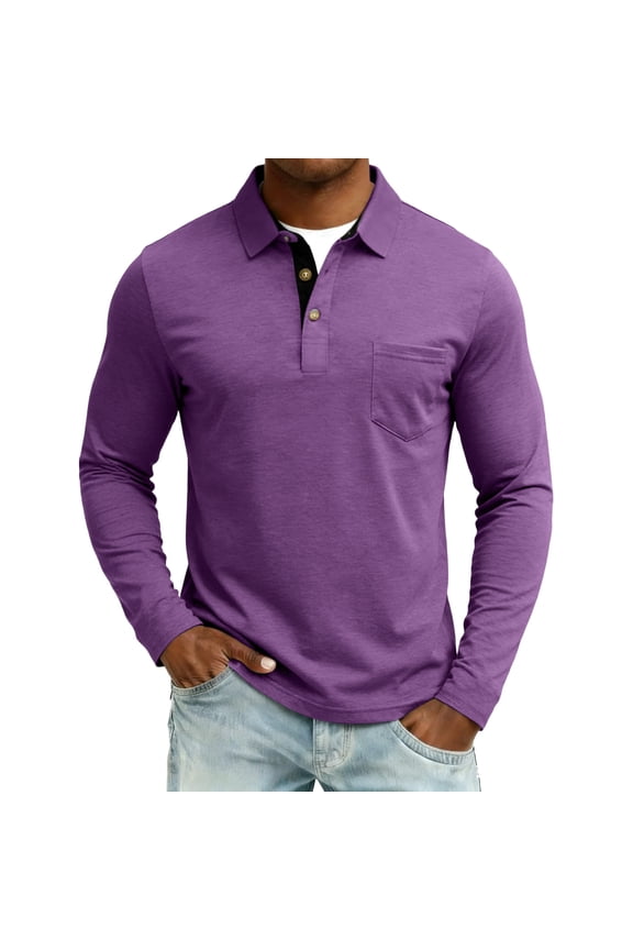 Men's Casual Polo Shirts with Pocket Basic Long Sleeve Business Work Collared Shirts Spring Summer Tees Top Shirt Purple M